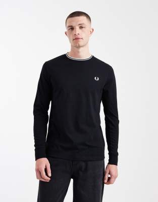 Langärmliges T-Shirt in Schwarz mit doppelten Zierstreifen und Logo Schwarz L