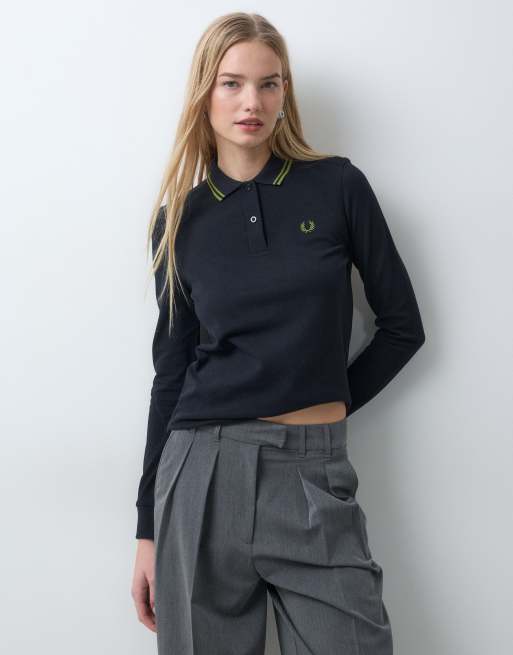 Fred Perry langærmet poloskjorte med logo og dobbelte kontraststriber i sort, 5 af 5