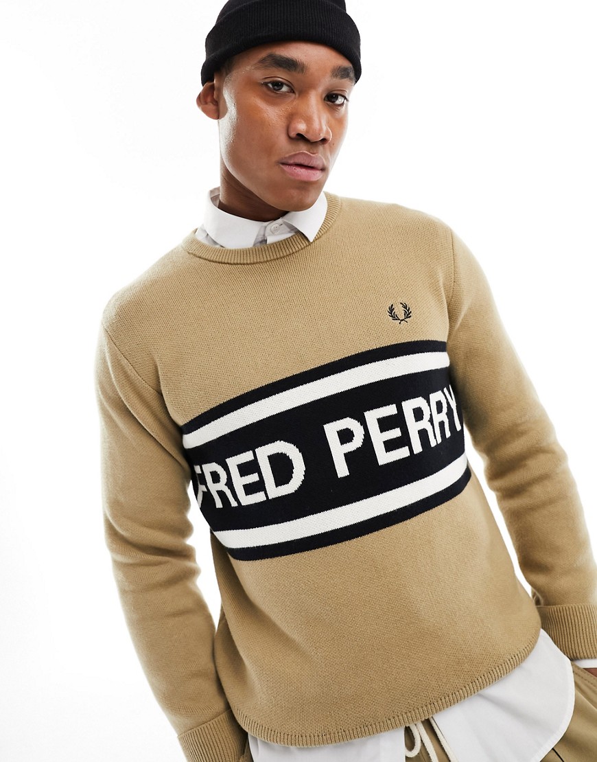 Fred Perry large logo jumper in beige-Neutral