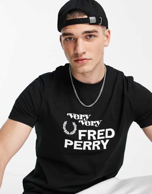 Fred Perry large text logo printed t shirt in black ASOS