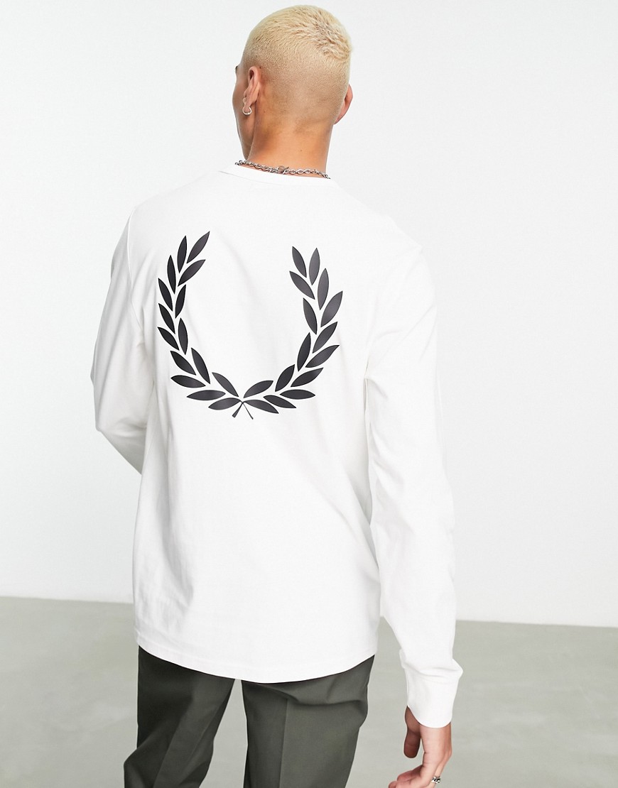 Fred Perry Laurel wreath back print long sleeve top in white