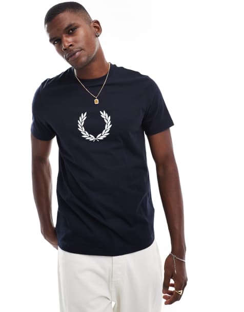 Fred Perry flocked laurel wreath graphic t-shirt in navy