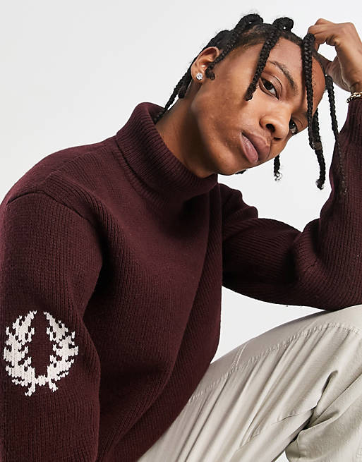 Fred Perry laurel wreath roll neck jumper in red | ASOS