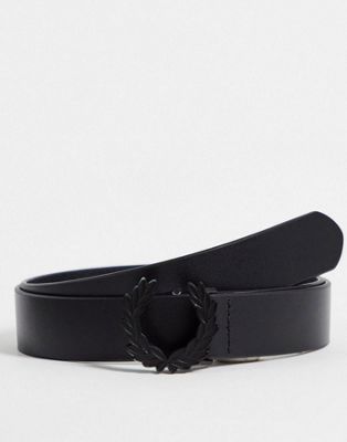 Fred Perry leather large wreath logo belt in black