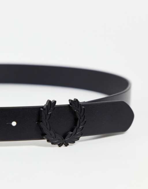 Fred Perry leather large wreath logo belt in black ASOS