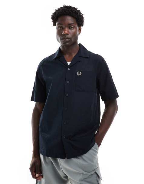 Fred Perry lightweight textured revere collared shirt in navy - view 1