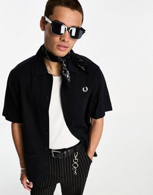 Fred Perry linen pique panel shirt in black