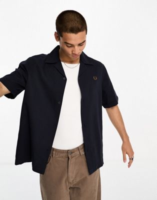 Fred Perry linen revere collar shirt in navy