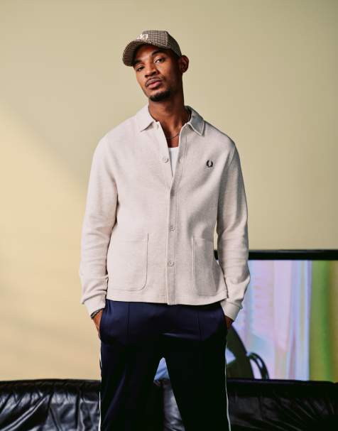 Fred Perry long sleeve button through jersey jacket in off white - view 1