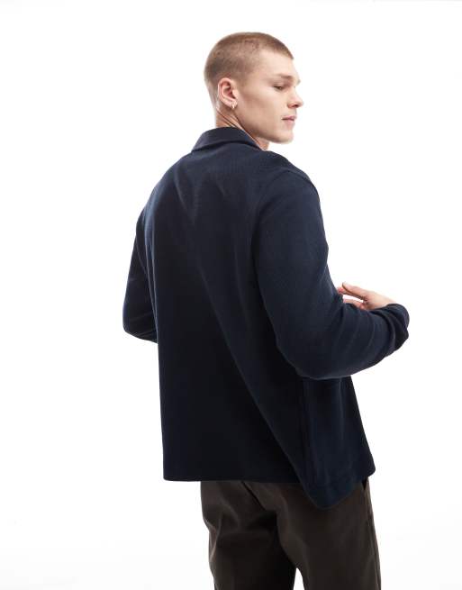 Fred Perry long sleeve button through polo shirt in navy blue jersey, 3 of 4