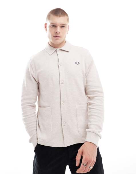 Fred Perry long sleeve button through polo shirt in off white jersey - view 1