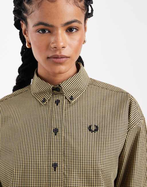 Fred Perry long sleeve checkerboard logo shirt in black/gold, 3 of 4