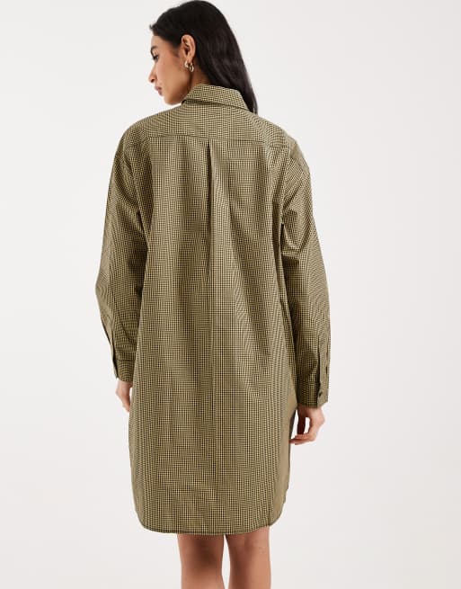 Fred Perry long sleeve chequerboard logo shirt midi dress in black and gold, 3 of 4
