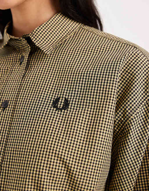 Fred Perry long sleeve chequerboard logo shirt midi dress in black and gold, 4 of 4