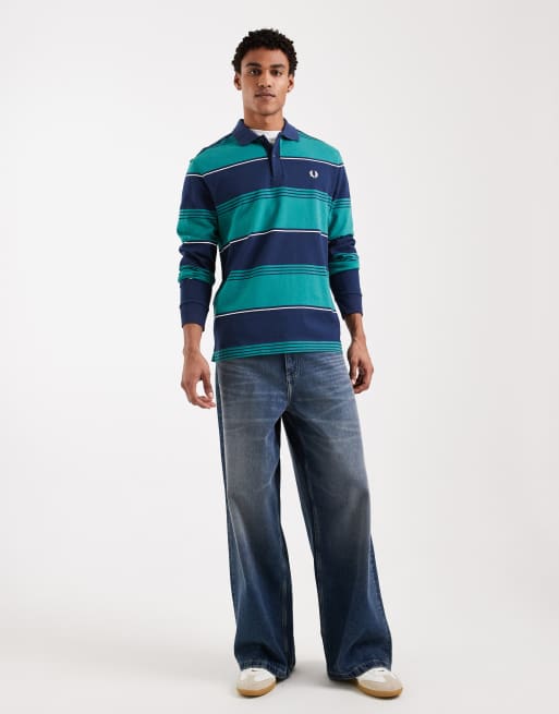 Fred Perry long sleeve heavyweight striped logo polo shirt in blue, 2 of 5