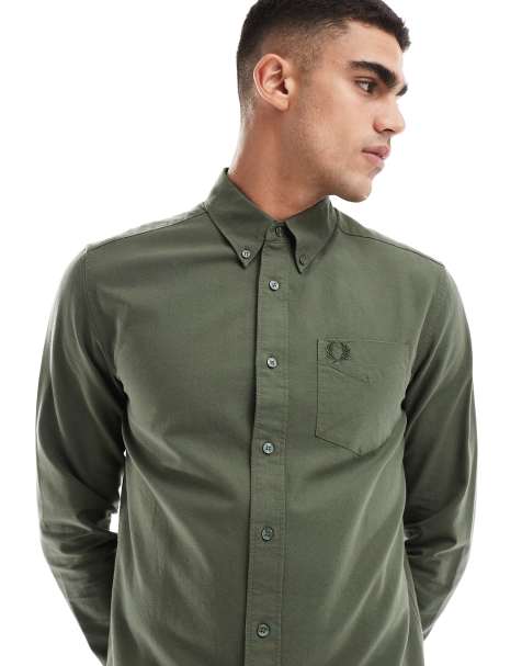Fred Perry long sleeve oxford shirt in khaki green - view 1