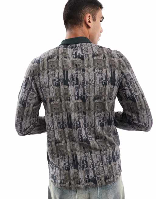 Fred Perry long sleeve polo shirt in all over forest camo print in green, 2 of 4