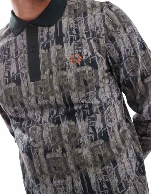 Fred Perry long sleeve polo shirt in all over forest camo print in green, 4 of 4