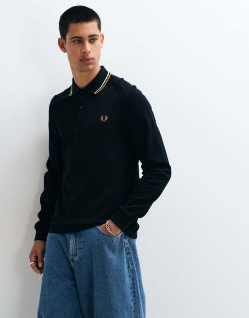 Fred Perry long sleeve polo shirt in black with ecru and camel twin tipping , 4 of 5