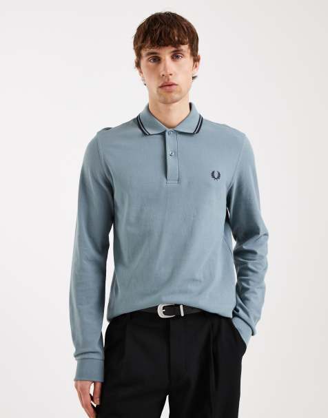 Fred Perry long sleeve polo shirt in blue with black tipping - view 1