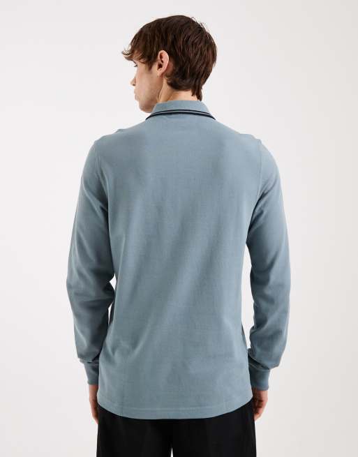 Fred Perry long sleeve polo shirt in blue with black tipping, 3 of 5
