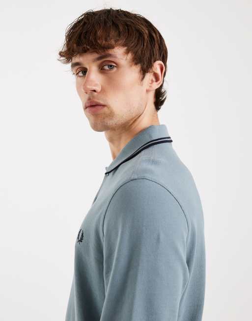 Fred Perry long sleeve polo shirt in blue with black tipping, 4 of 5