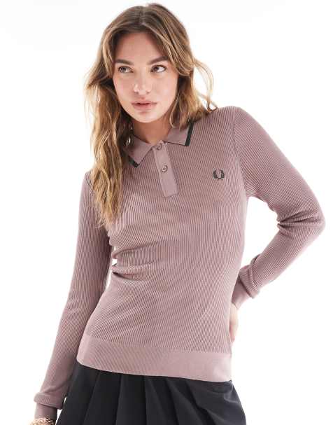 Fred Perry long sleeve ribbed knitted shirt in dusty pink - view 1