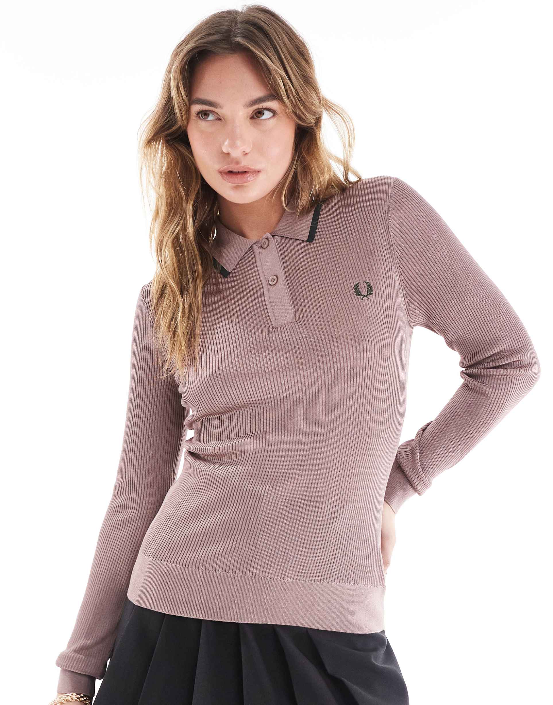 fred perry long sleeve ribbed knitted shirt in dusty pink