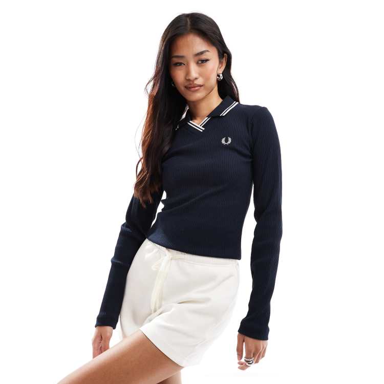 Fred Perry long sleeve ribbed polo shirt in navy | ASOS