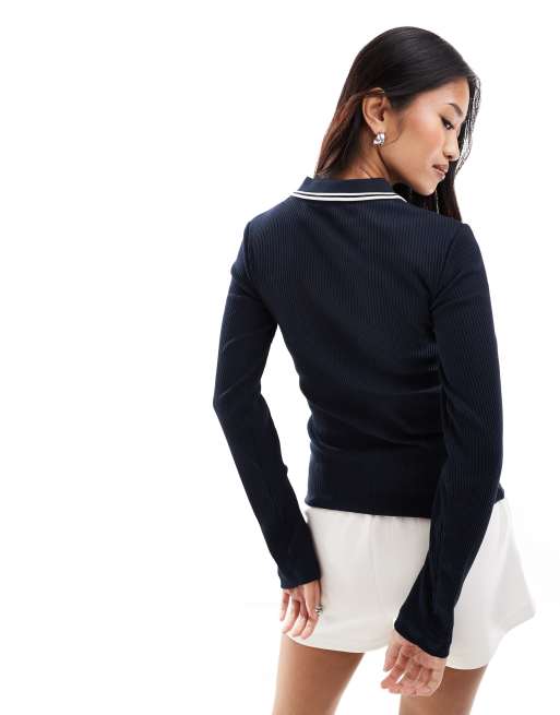 Fred Perry long sleeve ribbed polo shirt in navy | ASOS