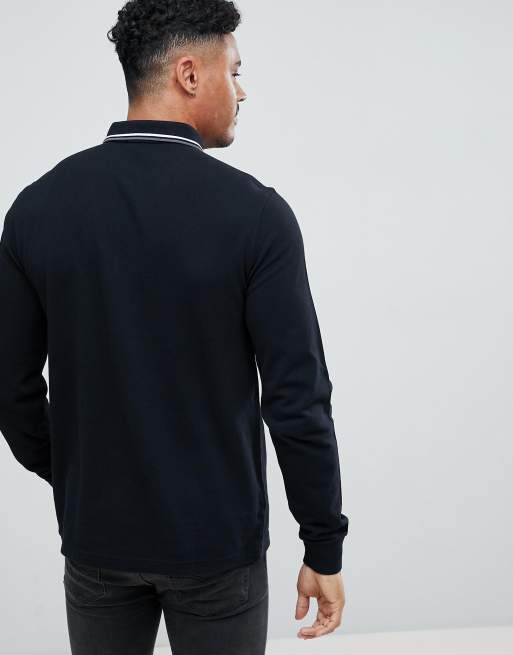 ASOS DESIGN long sleeve tipped pique polo shirt in black