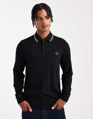 Fred Perry Long Sleeve Tipped Polo Shirt In Black