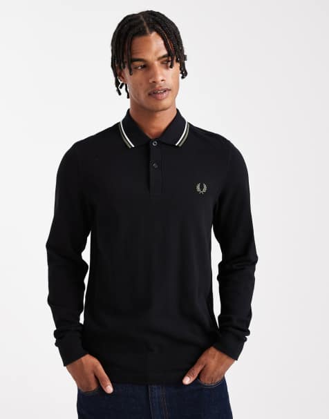 Fred Perry long sleeve tipped polo shirt in black - view 1