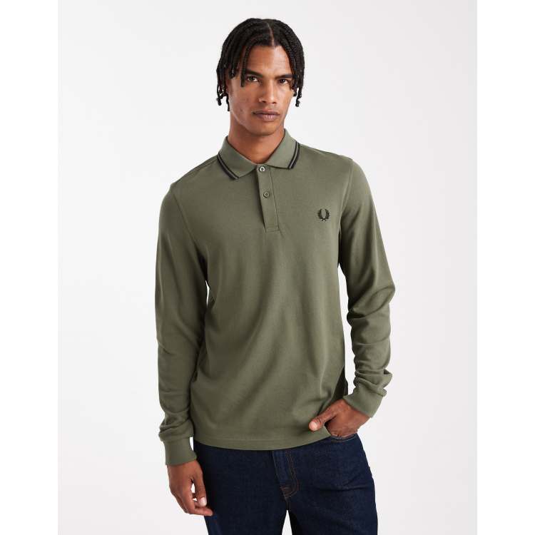 Fred Perry long sleeve tipped polo shirt in khaki | ASOS