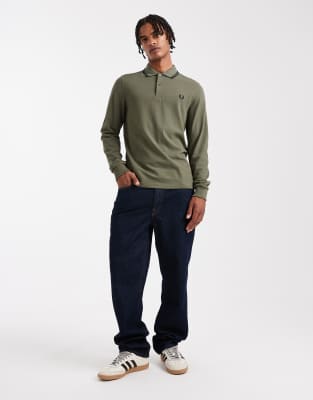 Fred Perry Long Sleeve Tipped Polo Shirt In Green