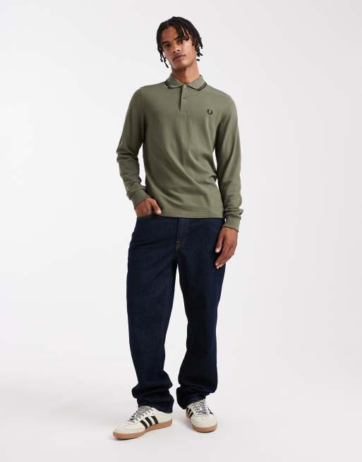 Fred Perry long sleeve tipped polo shirt in khaki | ASOS