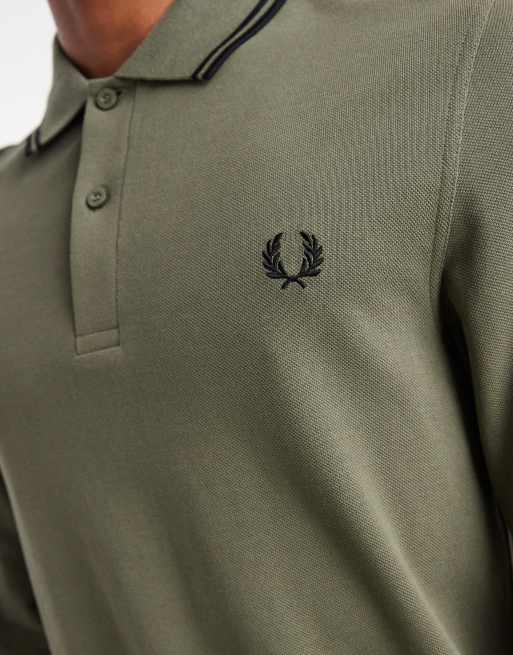 Fred Perry long sleeve tipped polo shirt in khaki | ASOS