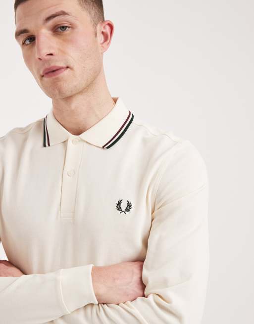 Fred Perry long sleeve twin tipped logo polo shirt in cream, 3 of 5