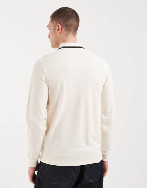 Fred Perry long sleeve twin tipped logo polo shirt in cream, 5 of 5