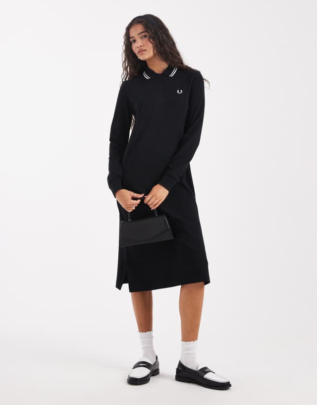 Fred Perry long sleeve twin tipped polo dress in black | ASOS