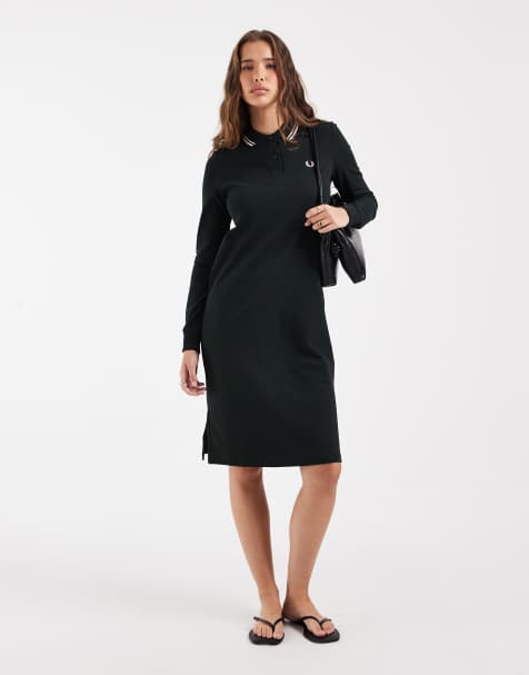 Fred Perry long sleeve twin tipped polo dress in navy with pink tipping - view 1