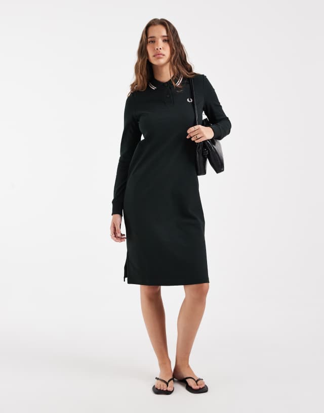 Fred Perry long sleeve twin tipped polo dress in navy with pink