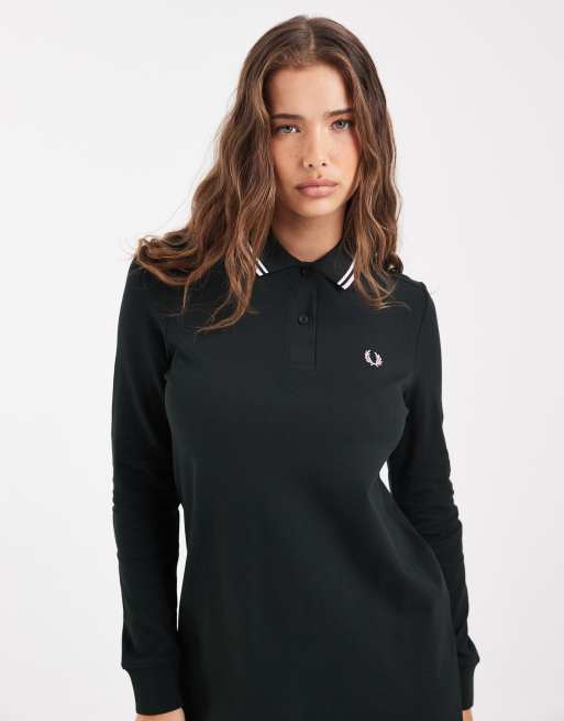 Fred Perry long sleeve twin tipped polo dress in navy with pink tipping, 2 of 4