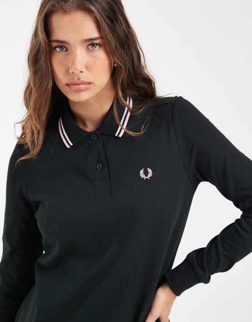 Fred Perry long sleeve twin tipped polo dress in navy with pink tipping, 3 of 4