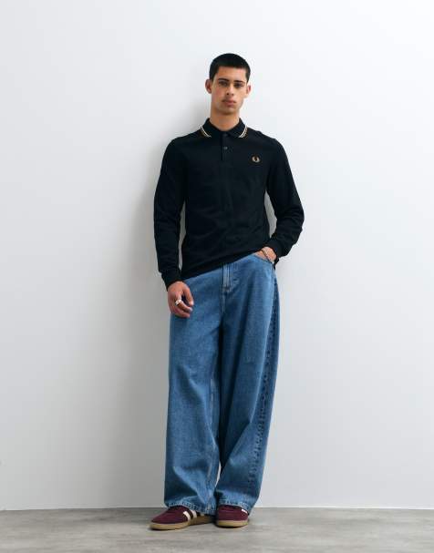 Fred Perry long sleeve twin tipped polo shirt in black with ecru and camel tipping - view 1