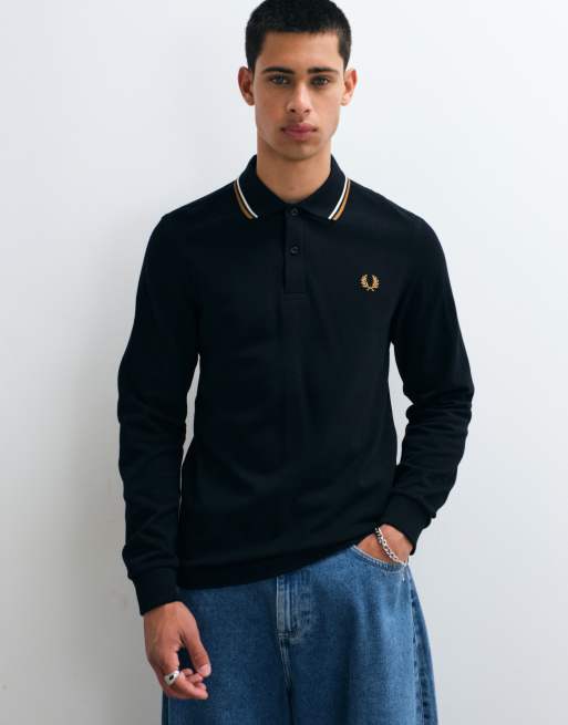 Fred Perry long sleeve twin tipped polo shirt in black with ecru and camel tipping , 2 of 5