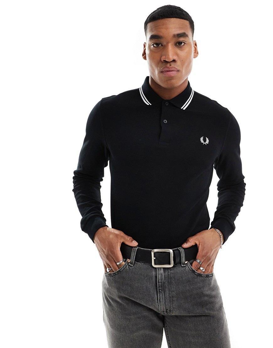 Shop Fred Perry Long Sleeve Twin Tipped Polo Shirt In Black