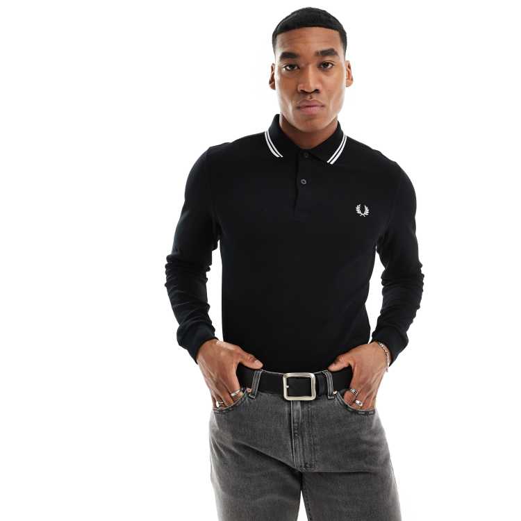 Fred Perry long sleeve twin tipped polo shirt in black | ASOS