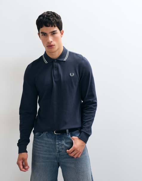 Fred Perry long sleeve twin tipped polo shirt in dark airforce blue with ecru and green tipping - view 1
