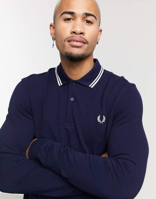 Fred Perry long sleeve twin tipped polo shirt in navy ASOS